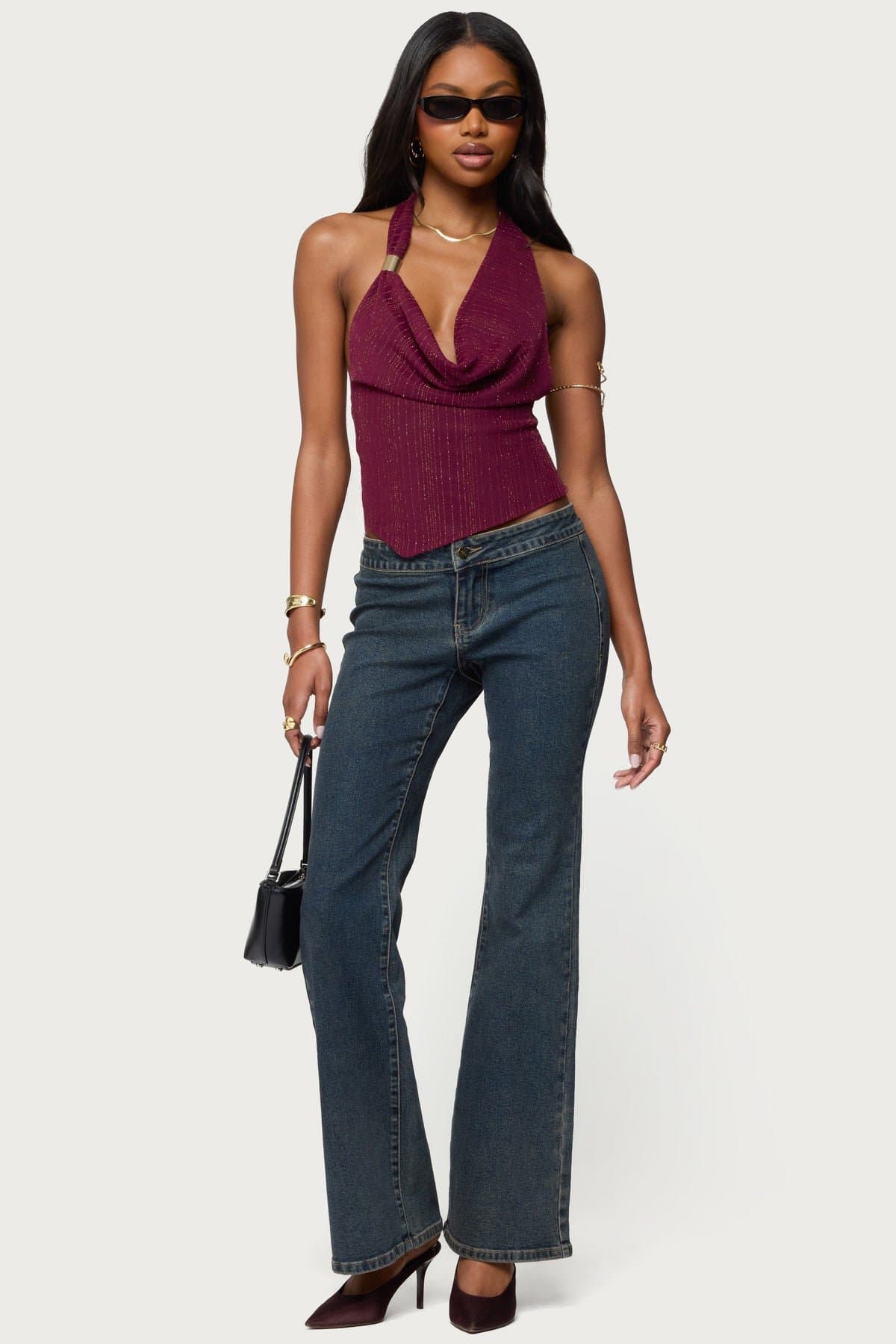 Mimi Asymmetric Textured Mesh Halter Top - Nylon Spandex Black Sheer Backless