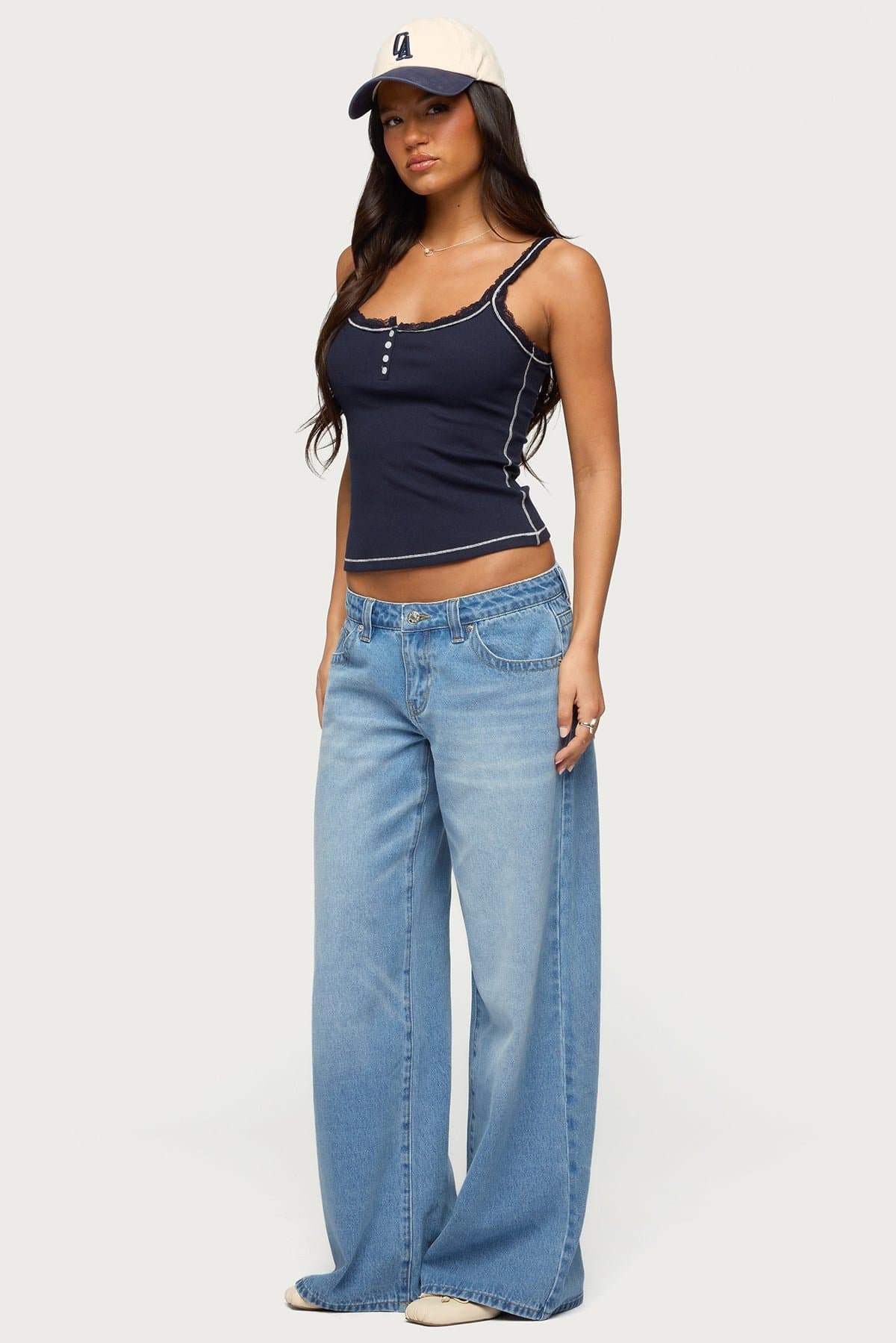 Raiyne Low Rise Wide Leg Jeans in Rigid Denim Cotton Polyester Spandex
