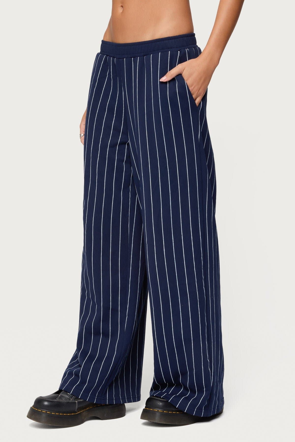 Mercer Pinstripe Wide Leg Sweatpants - Cotton Polyester Elastic Waistband