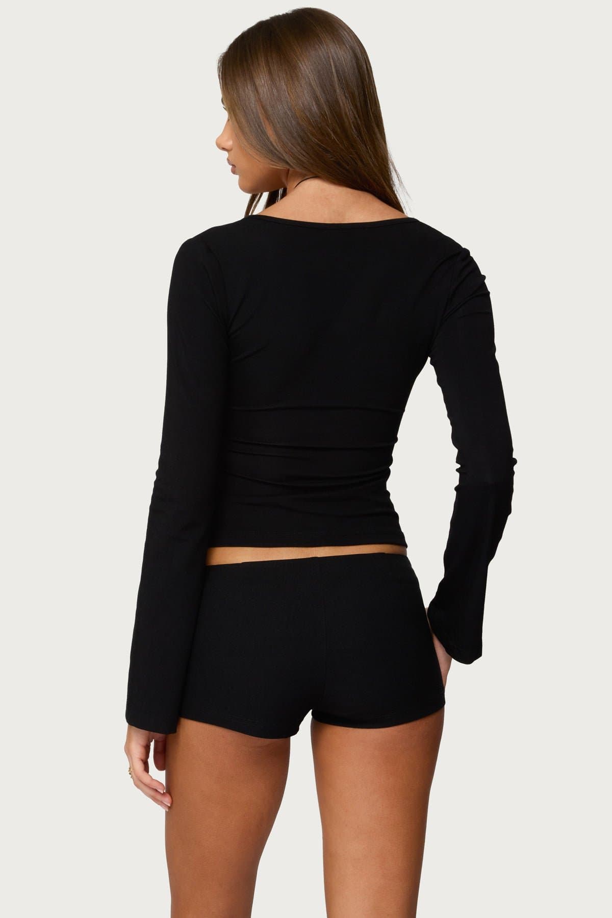 Kailee Cutout Long Sleeve Ribbed Top - Polyester Spandex Plunging Neckline