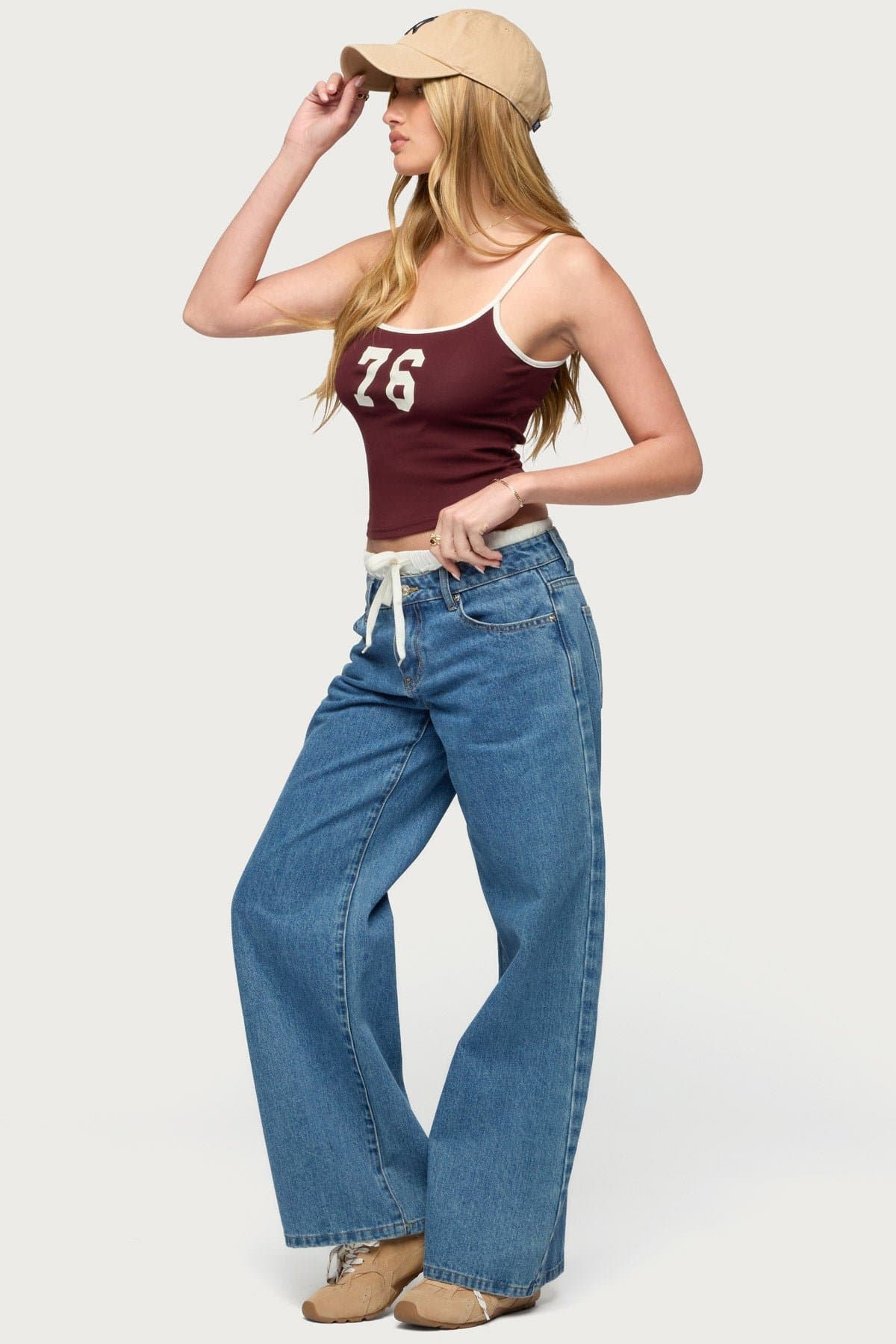 76 Contrast Tank Top with Adjustable Straps, Graphic Text, Cotton Spandex