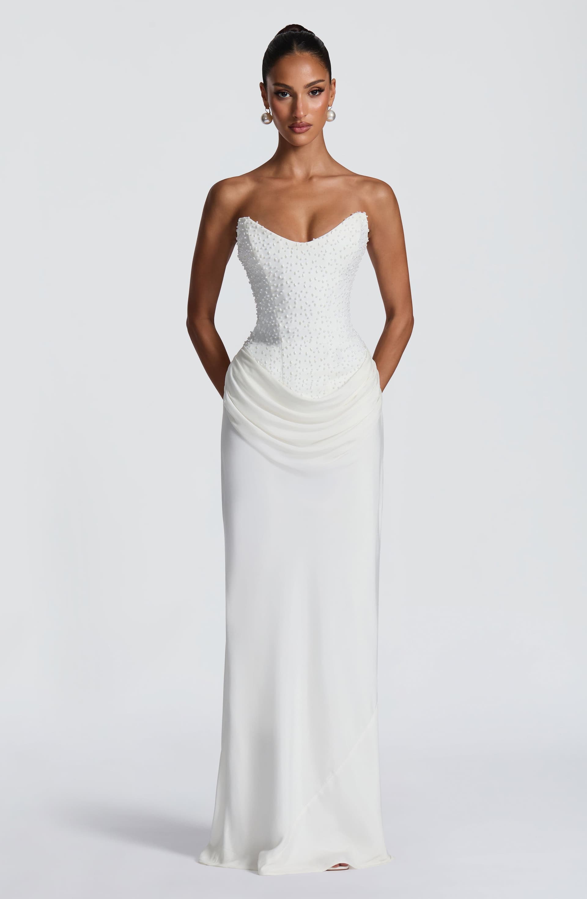 Tindra Maxi Dress Ivory - Pearl Embellished Crepe Bodice Cupro Skirt Strapless