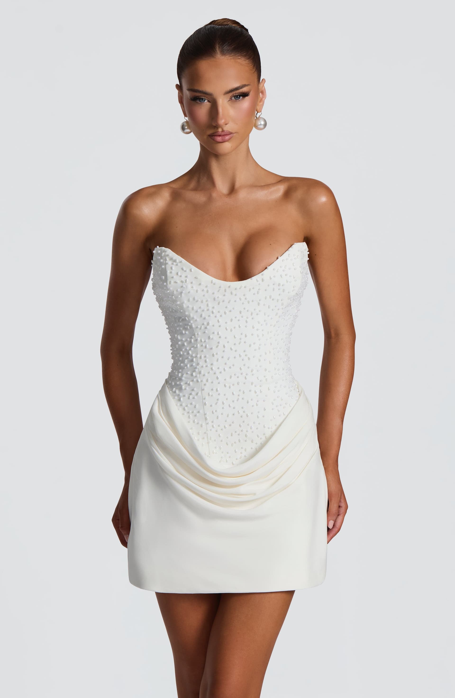 Tindra Mini Dress Ivory Pearl-Embellished Crepe Bodice Cupro Skirt