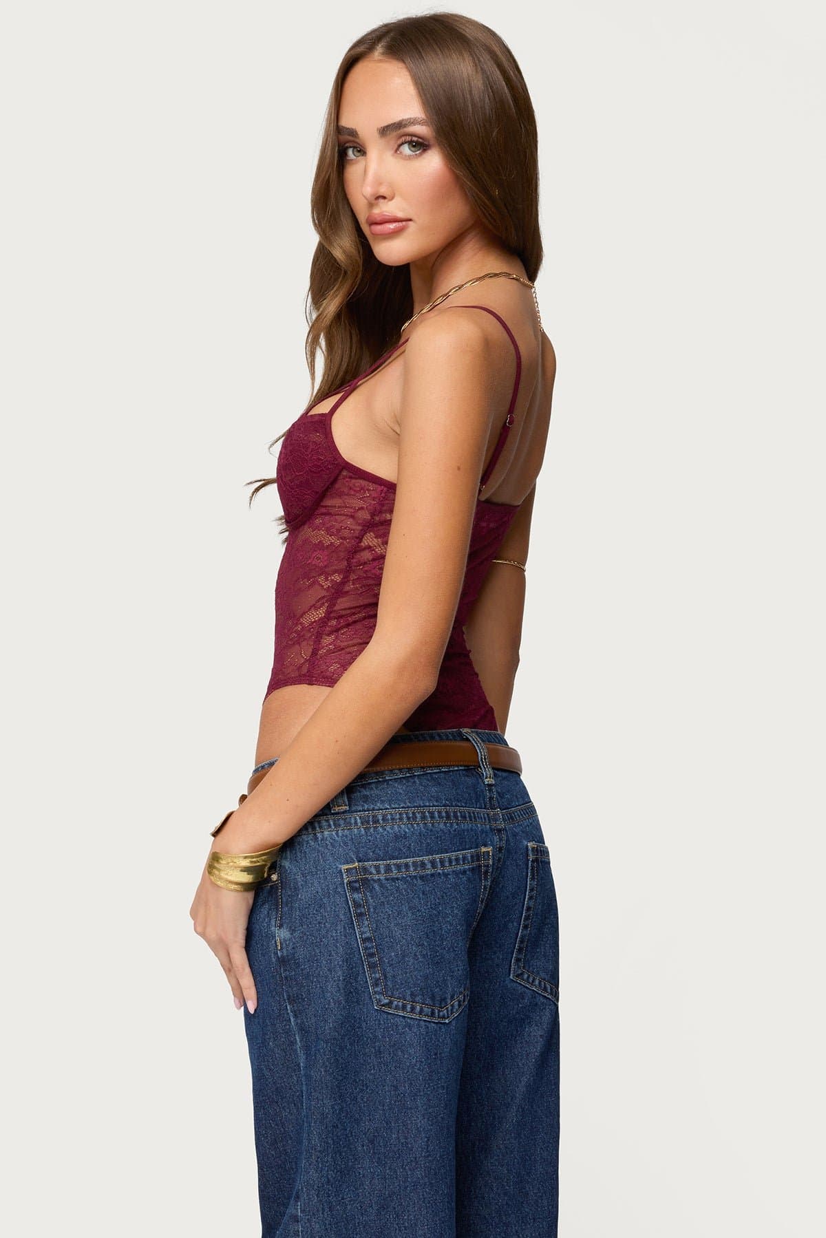 Strappy Sheer Lace Bodysuit with Adjustable Straps, Cupped Bust, Polyester Spandex