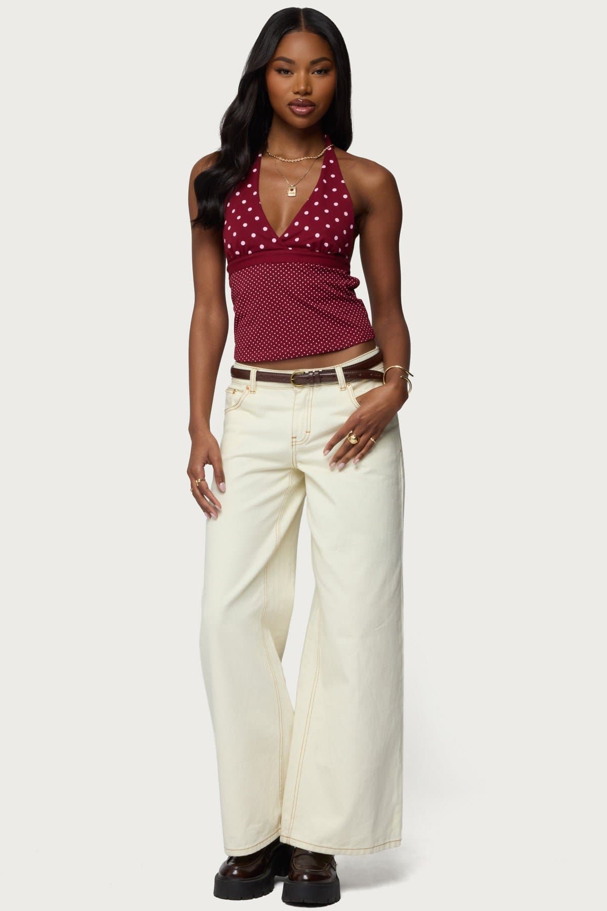 Ginny Mixed Polka Dot Halter Top - Cotton Spandex V-Neck Gathered Bust