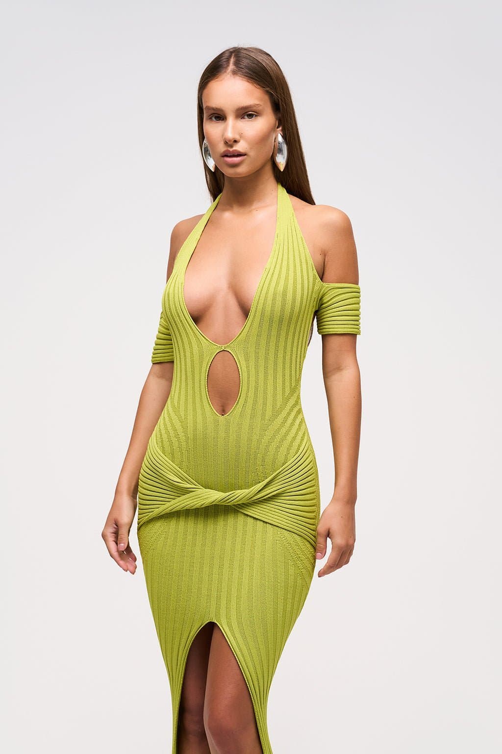 Keyhole Detail Maxi Dress in Fig Leaf Knit Ribbed V-Neck Off-Shoulder