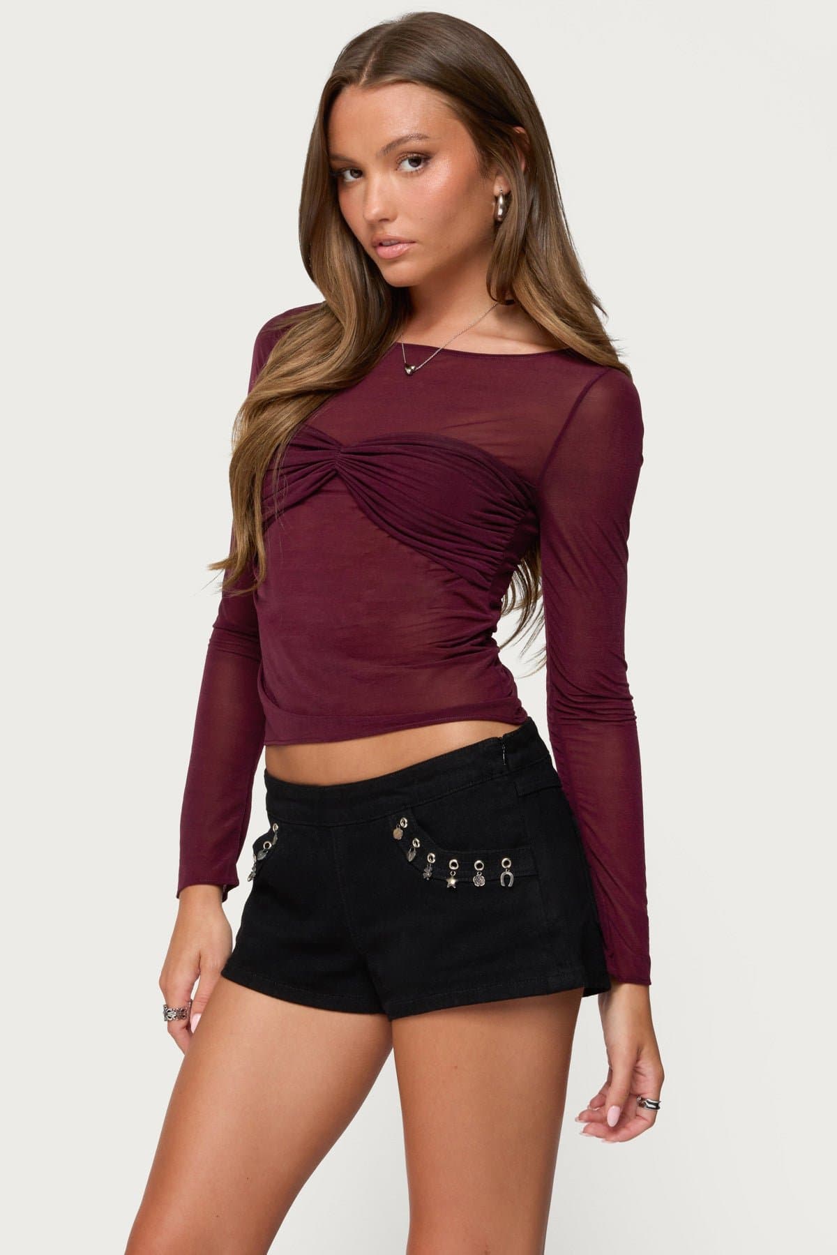 Oona Sheer Gathered Long Sleeve Top - Mesh Polyester Boat Neck