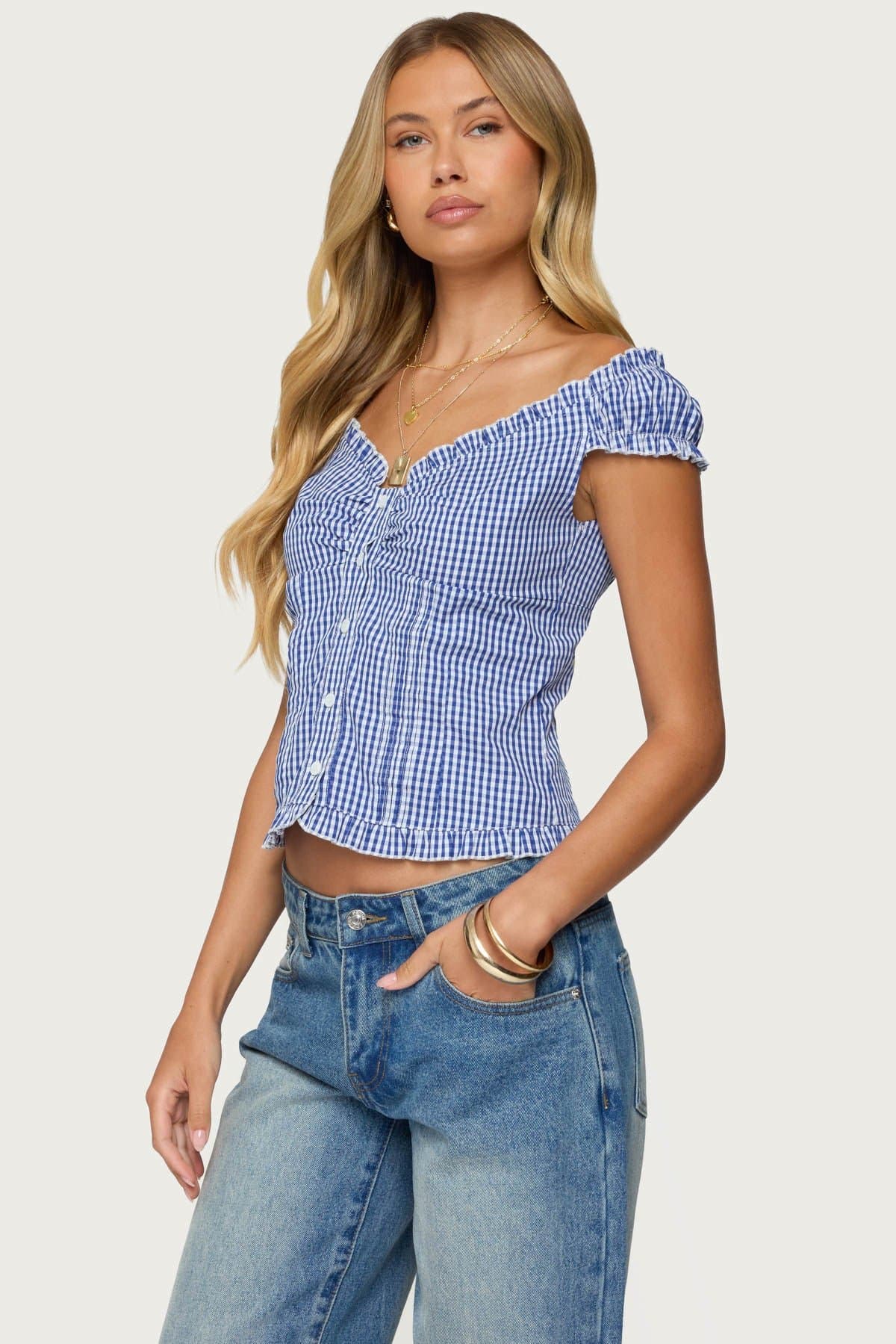 Dorothie Gingham Button Up Top - 100% Cotton Wide V Neck Short Puff Sleeves