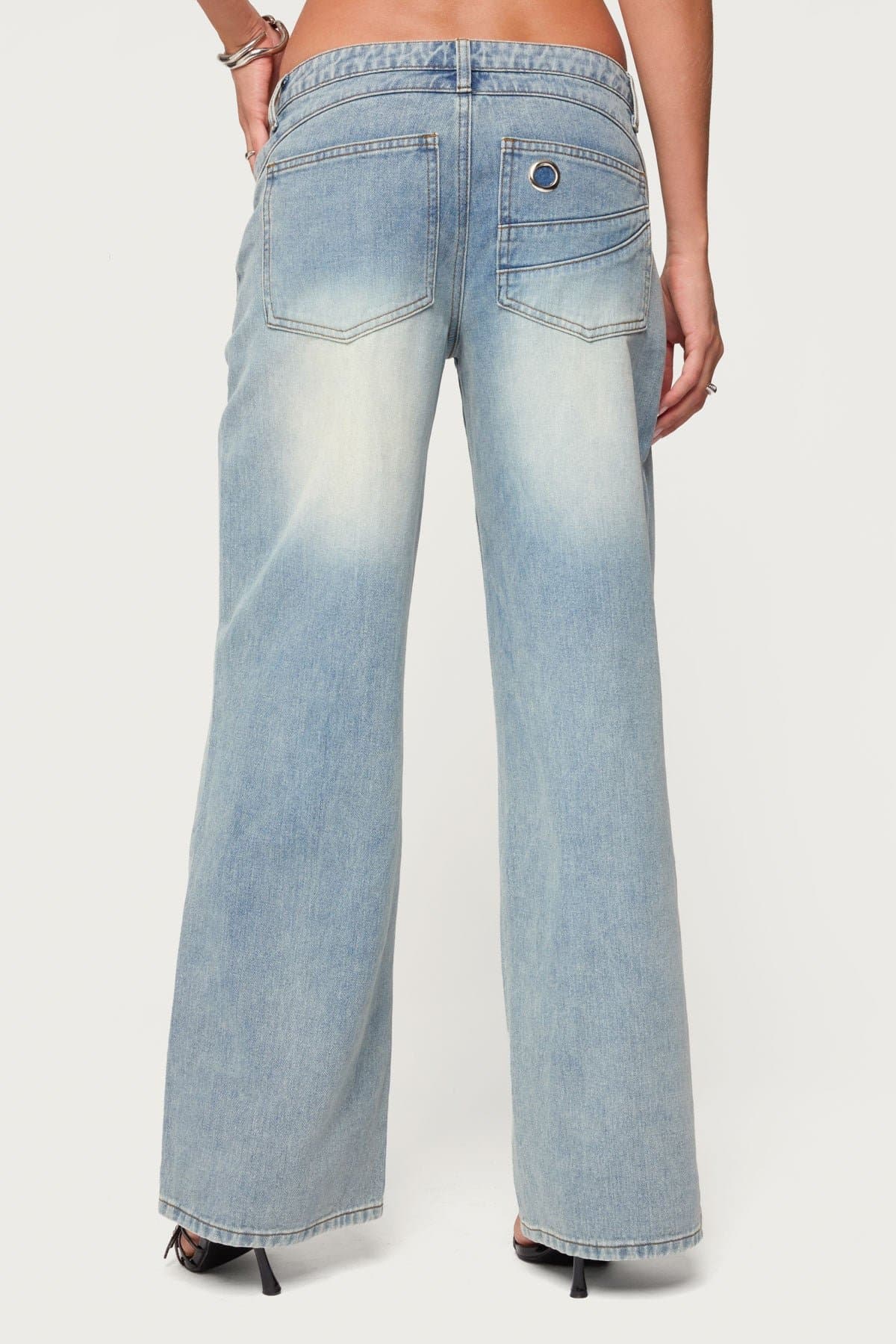 Celia Washed Low Rise Baggy Jeans 100% Cotton Belt Grommet Detail