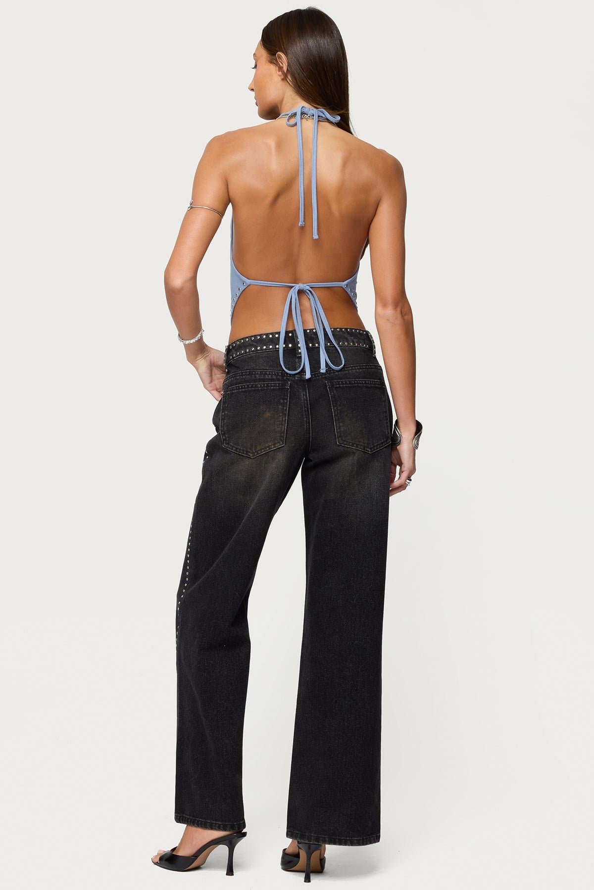Zenya Backless Cowl Neck Halter Top in Rayon Spandex with Studded Detailing