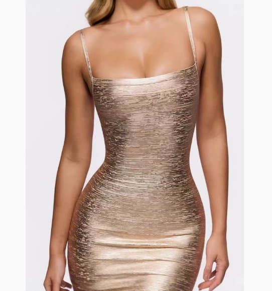 Metallic Foil Bodycon Mini Dress, Spaghetti Strap Glam Party Dress for Night Out and Special Occasions XS-L