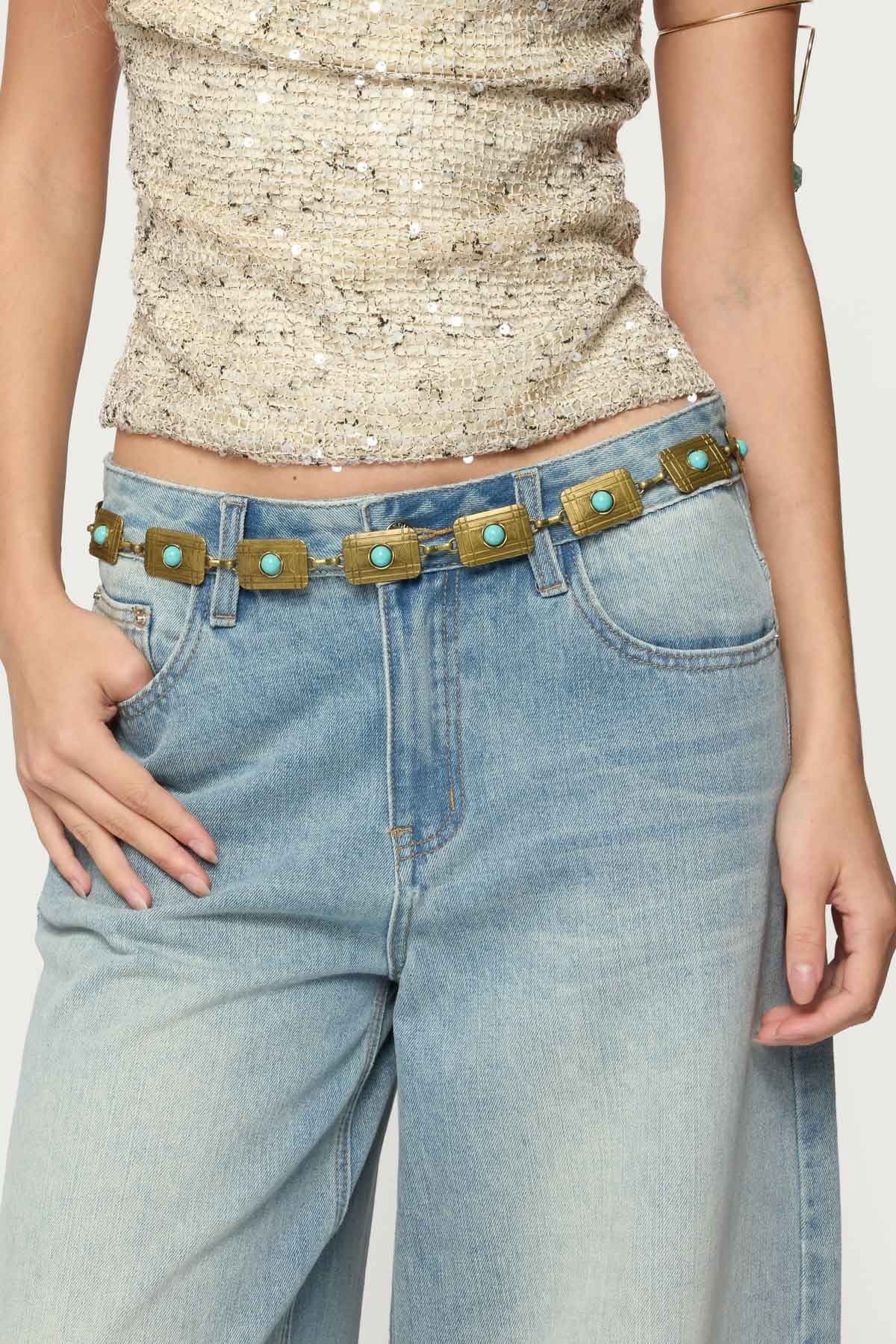 Vintage Stone Pendant Chain Belt - Rectangle Gold Tone Metal 44.5 Inch Length