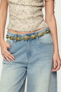 Vintage Stone Pendant Chain Belt - Rectangle Gold Tone Metal 44.5 Inch Length