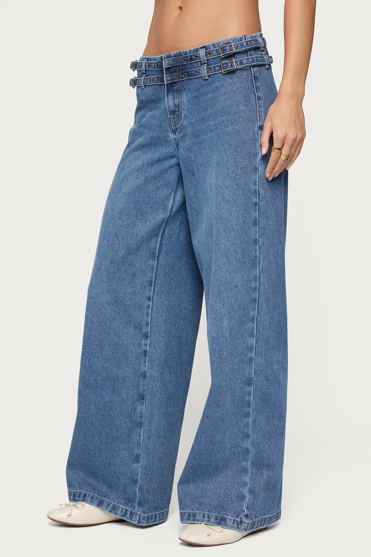 Livia Double Belt Low Rise Baggy Jeans - 100% Cotton Rigid Denim