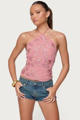 Embroidered Bead & Sequin Halter Top in Chiffon Polyester Spandex