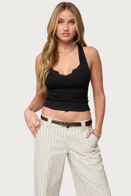 Ranata Lacey Scoop Neck Top with Adjustable Crisscross Straps - Rayon Nylon Spandex