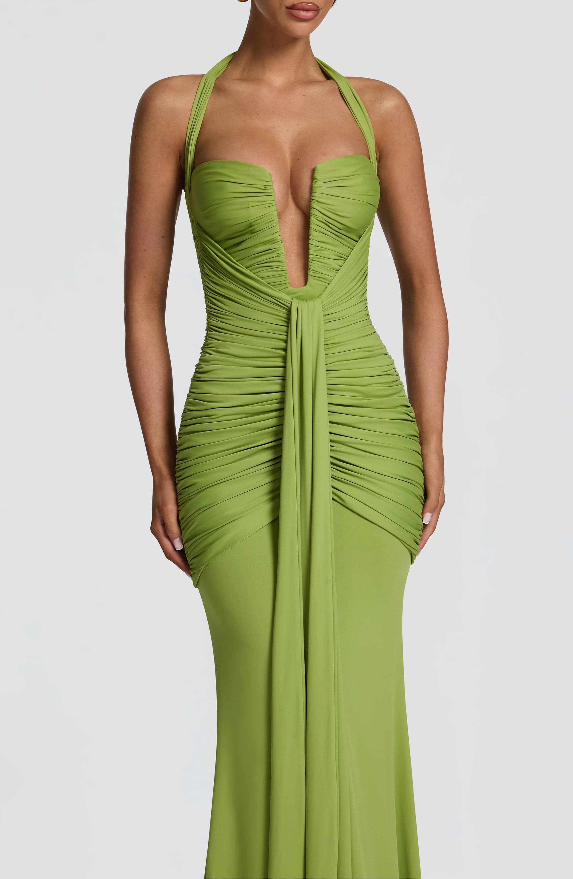 Morrigan Maxi Dress - Olive Stretch Slinky Jersey Halter Plunge Mermaid