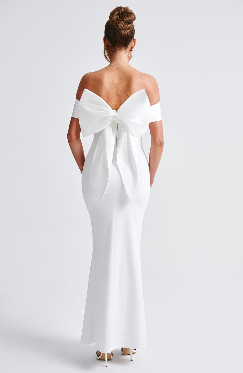 Joanna Maxi Dress in Ivory - Stretch Crepe Fit and Flare with Bardot Neckline