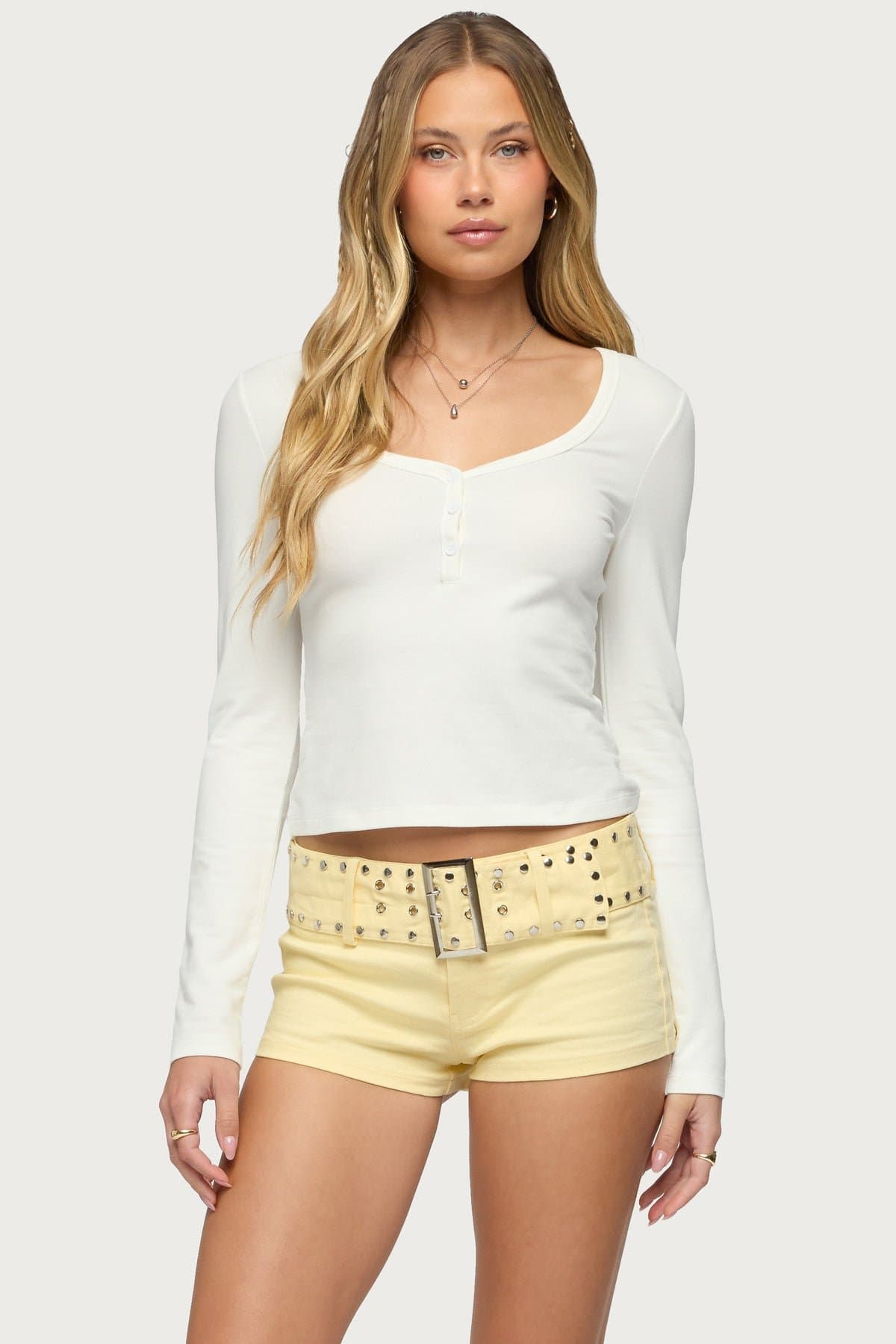 Leah Henley Top - Long Sleeve Cotton Polyester Spandex Button Front