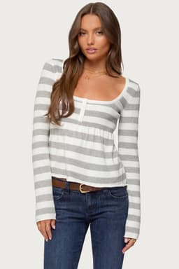 Lockie Striped Knit Babydoll Top - Long Sleeve Scoop Neck Rayon Polyester Nylon