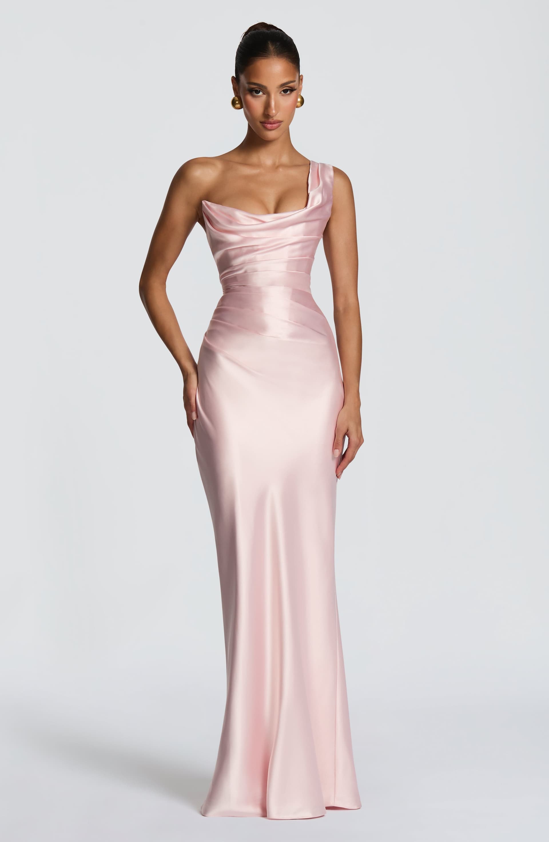 Thalassa Maxi Dress in Blush - Satin One Shoulder with Corset and Lace-Up Back