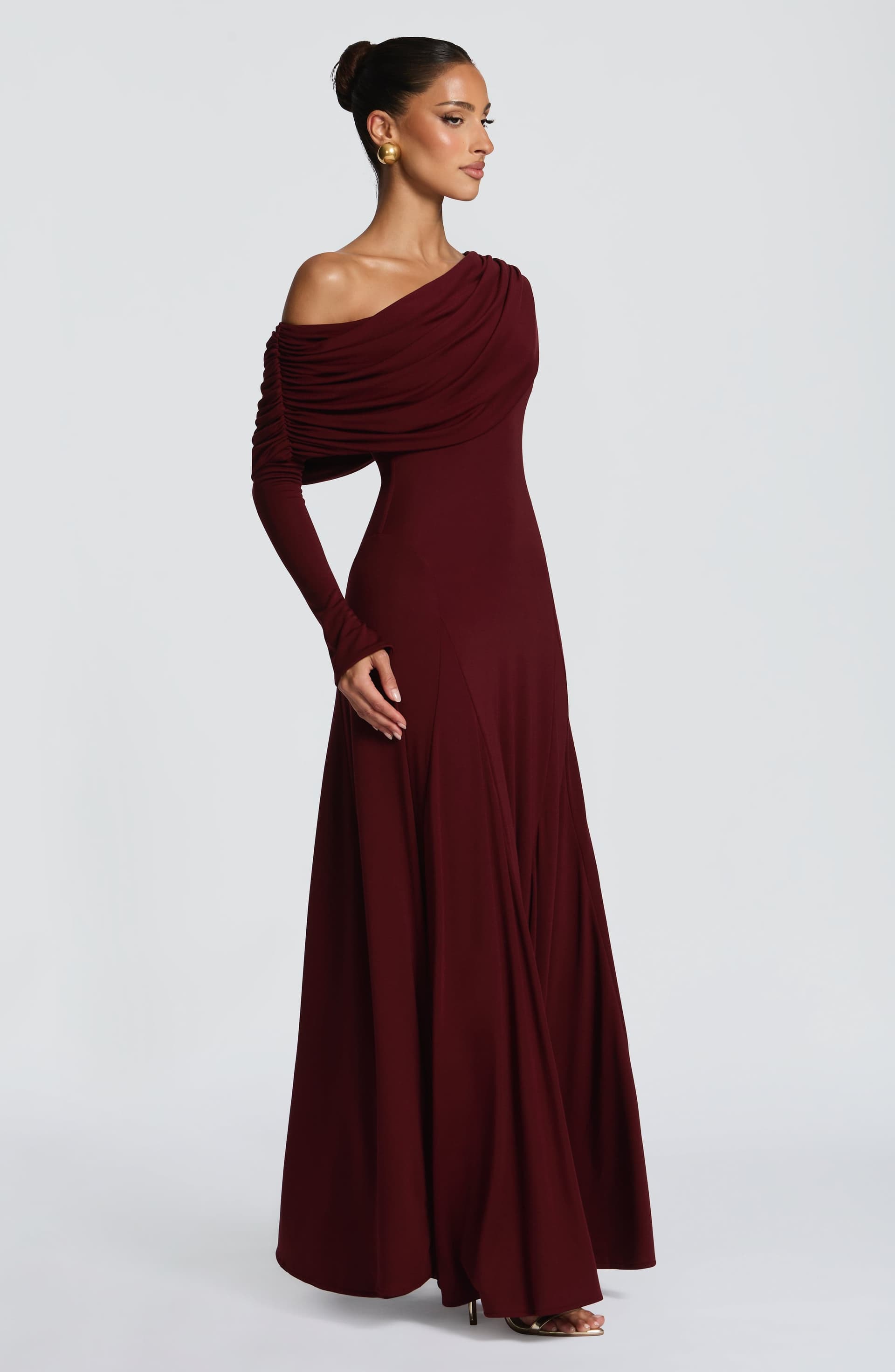 Rafaela Maxi Dress in Cherry Lacquer - Asymmetric Off-Shoulder Modal Jersey Long Sleeve