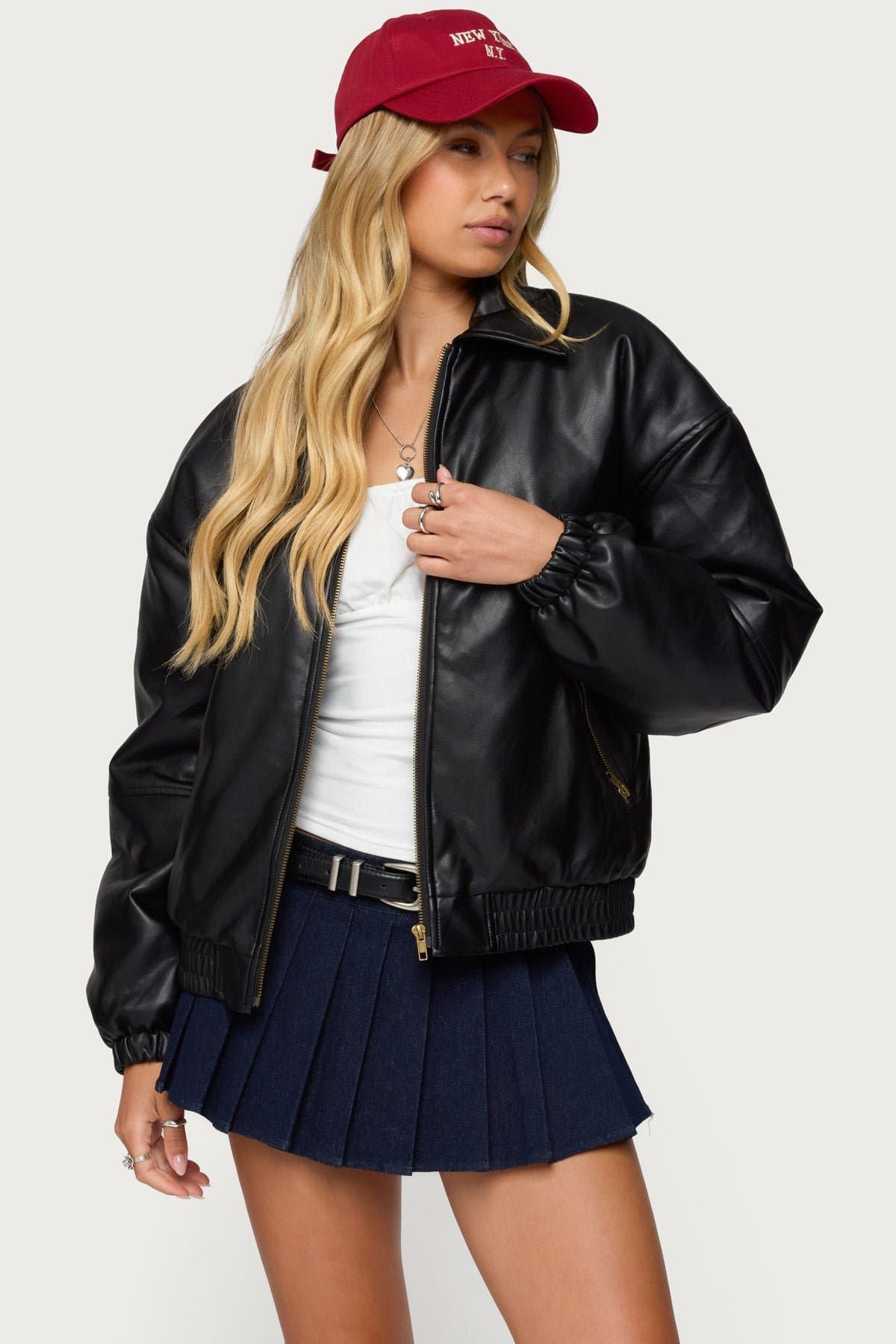 Halley Faux Leather Bomber Jacket - Black Polyurethane Classic Collar