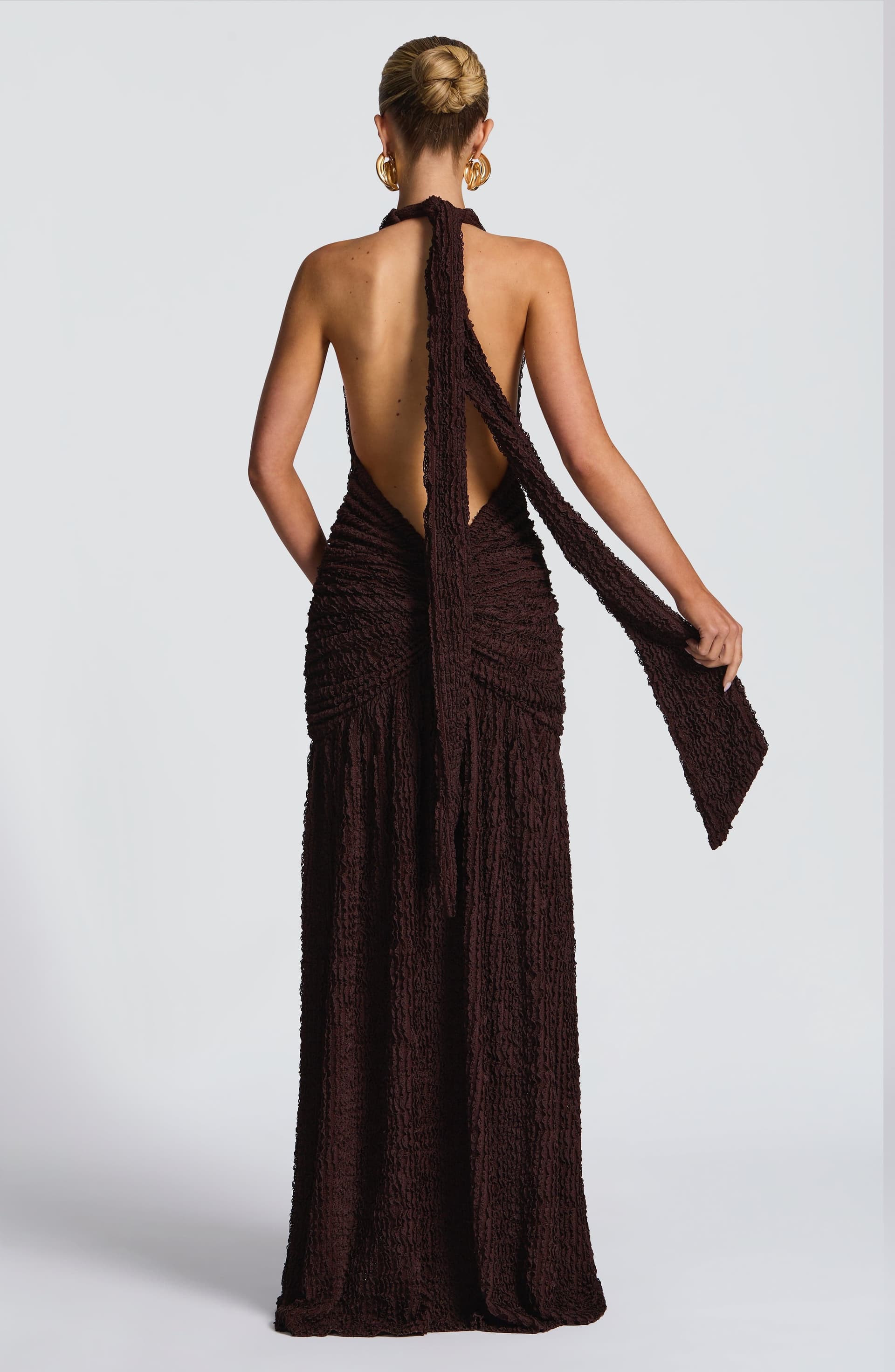 Minerva Maxi Dress in Plum Brown - Textured Plunge Neckline Halterneck with Thigh Split