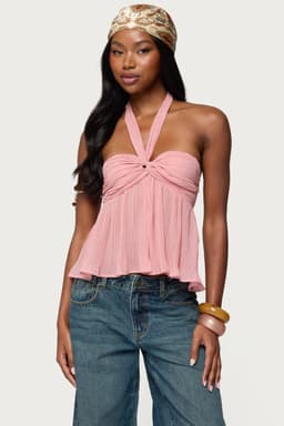 Pleated Chiffon Babydoll Halter Top - Twist Front Neck Tie Polyester