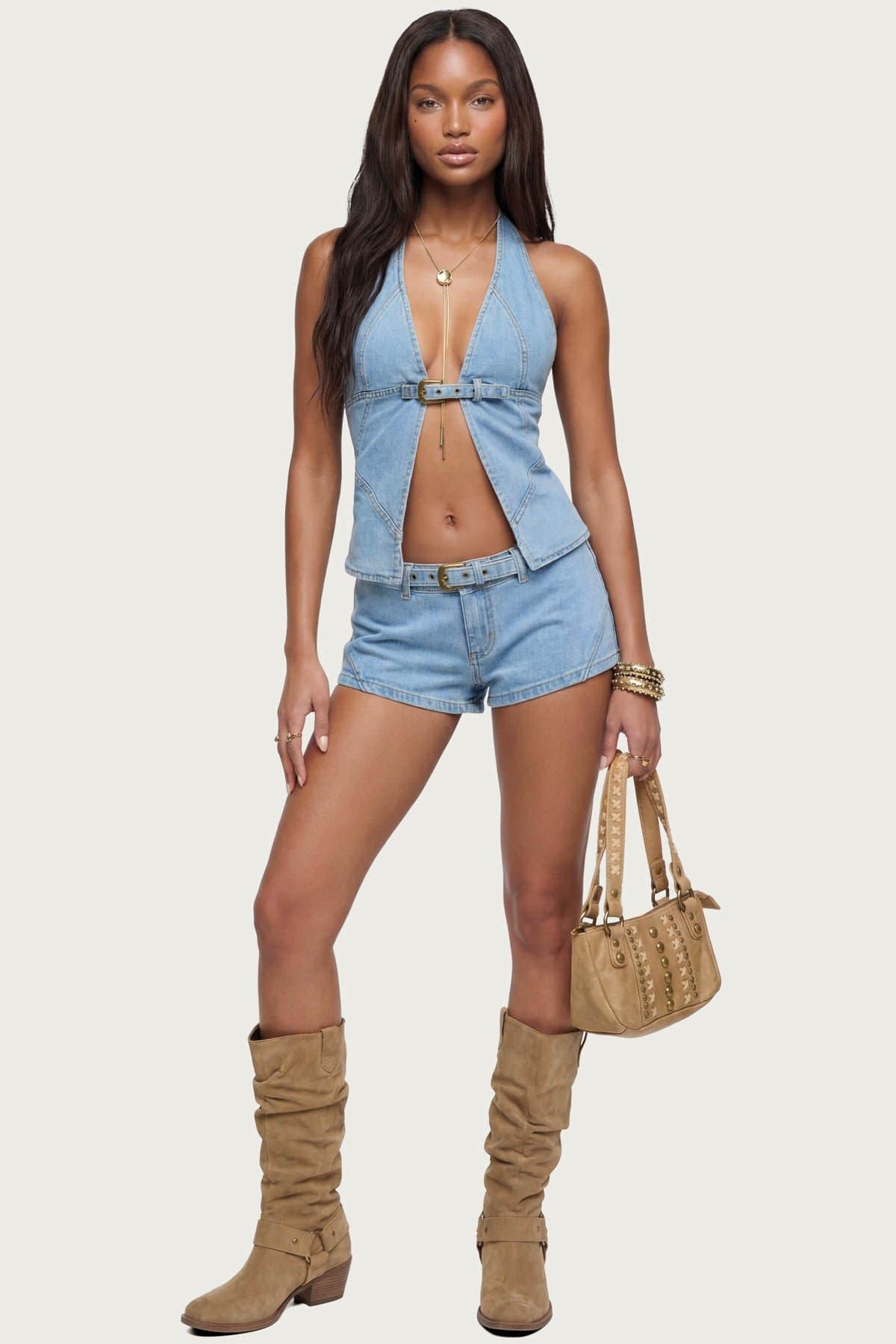 Ciel Split Front Denim Halter Top - Cotton Polyester Spandex with Belt Closure
