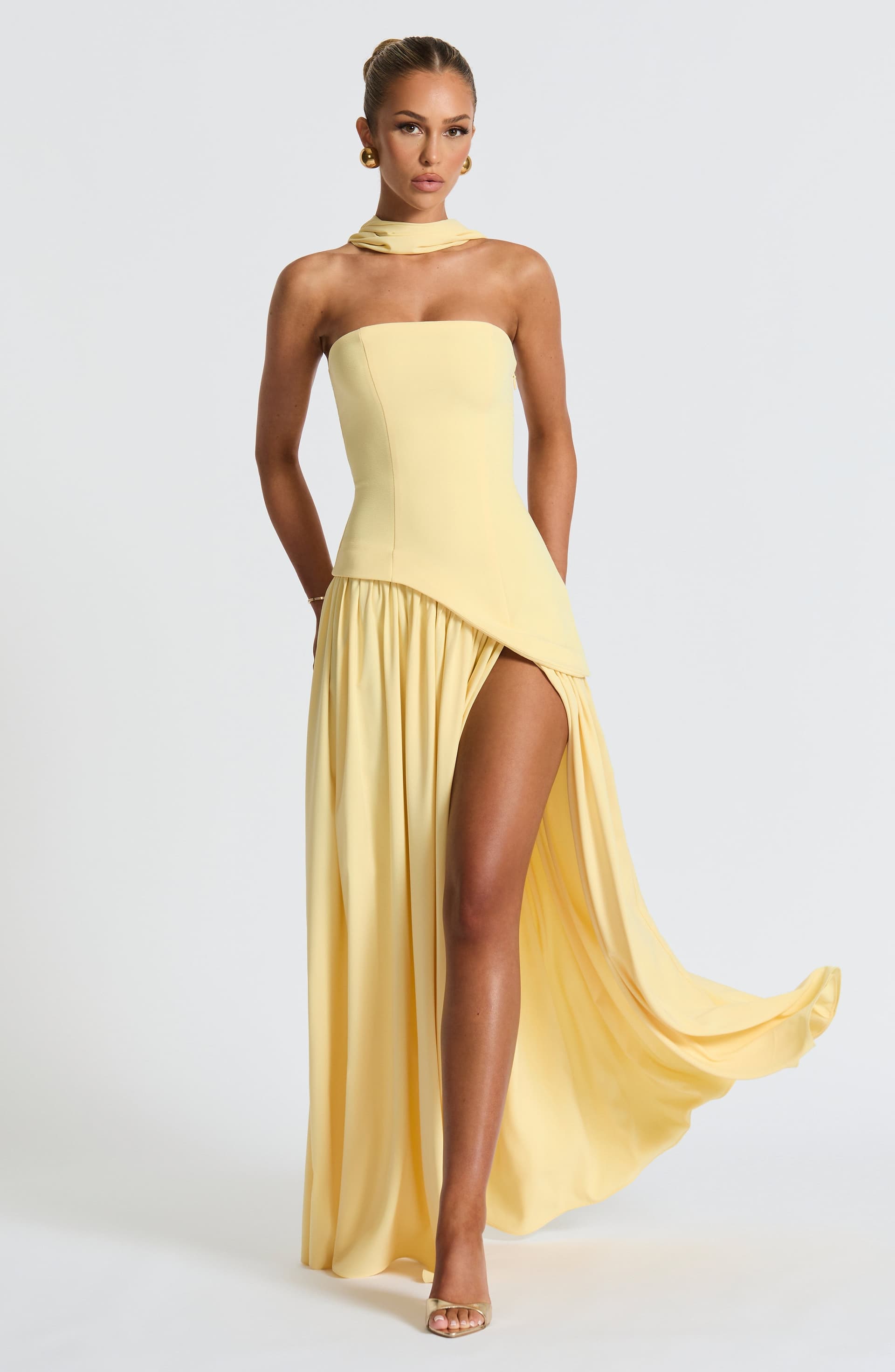 Maliyah Maxi Dress Lemon Crepe Bodice Chiffon Skirt Thigh High Split