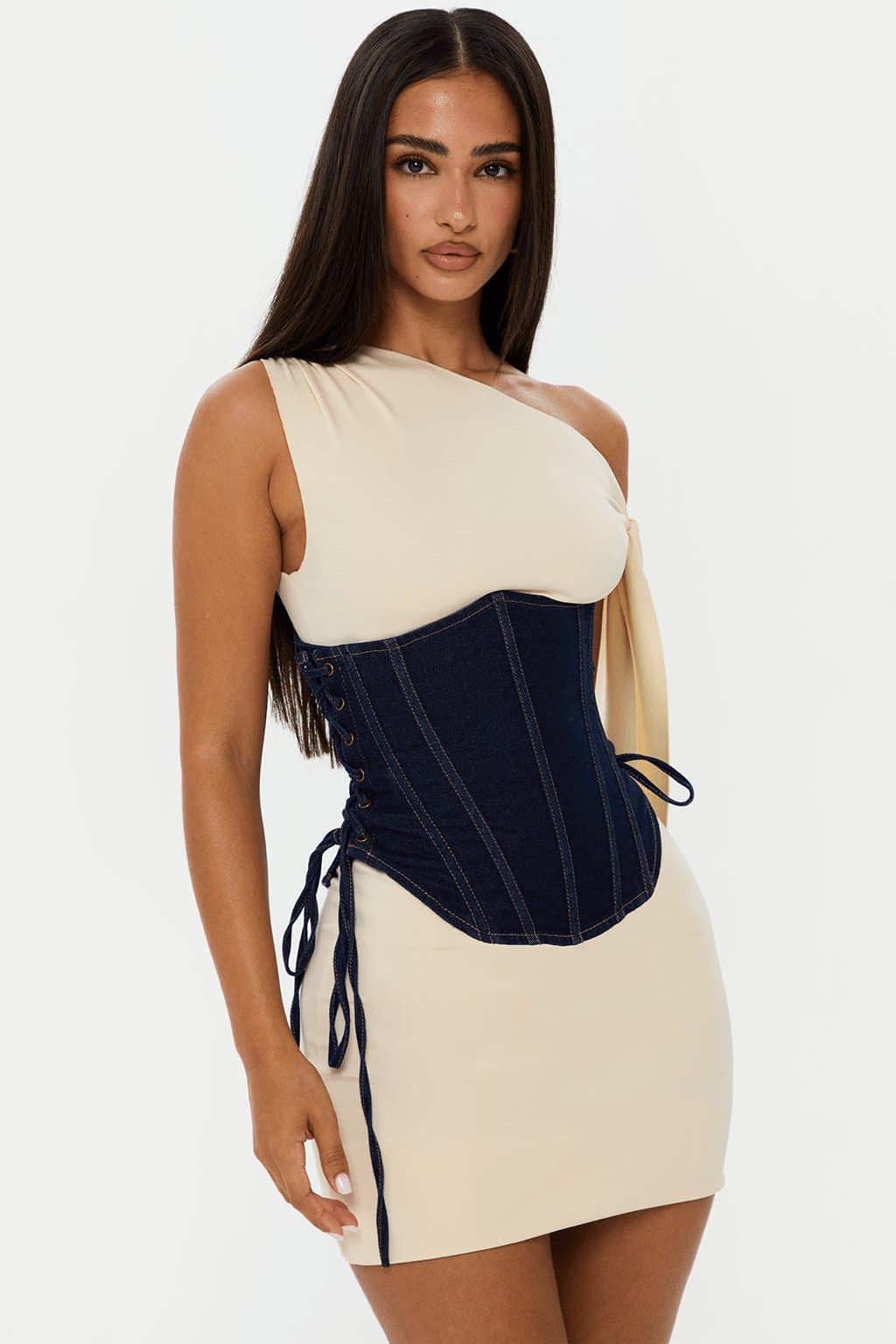 Contour Denim Corset with Boning Drop Basque Waist Lace Up Sides