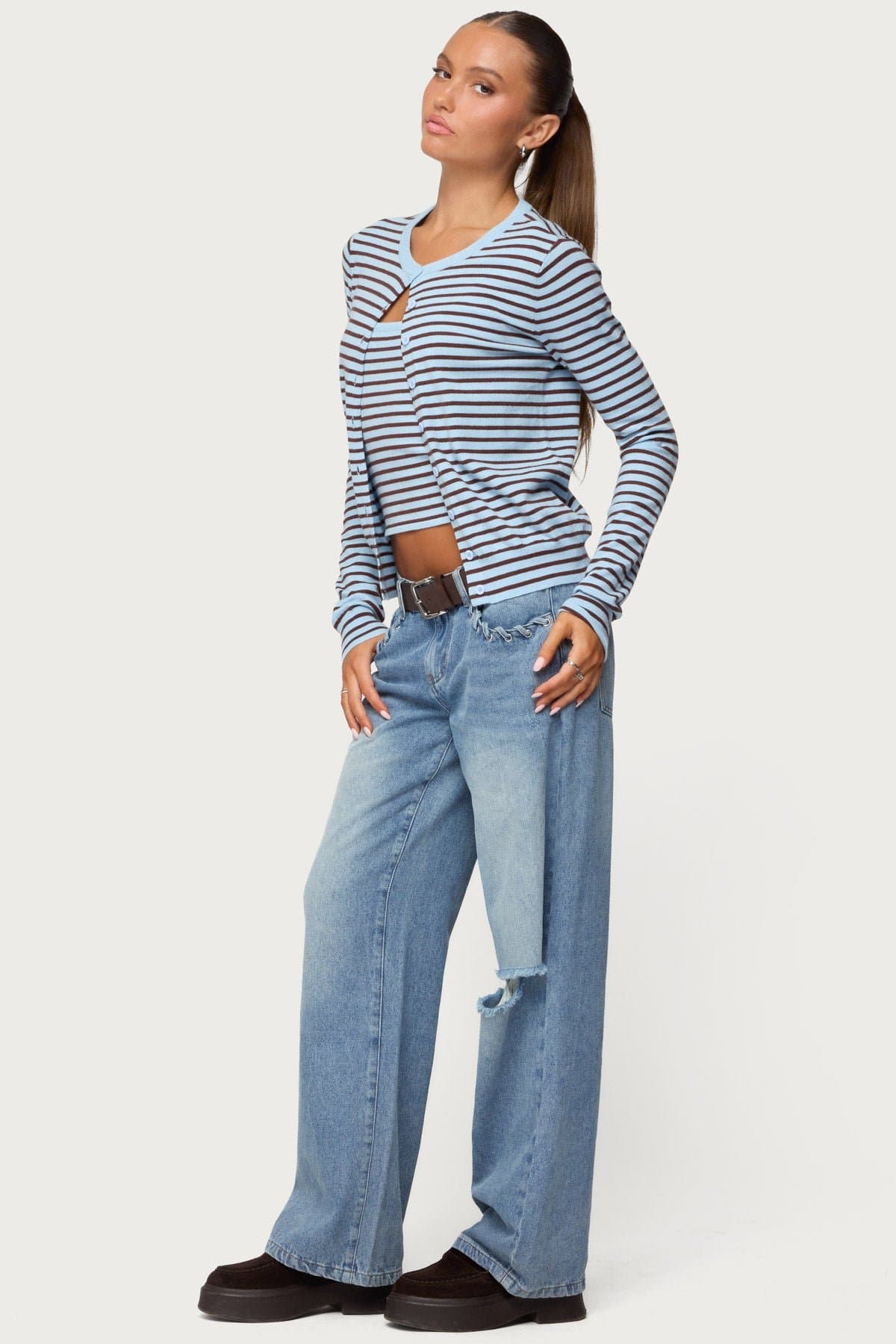 Dutton Distressed Low Rise Baggy Jeans - Rigid Cotton Denim, Lace Up Pockets