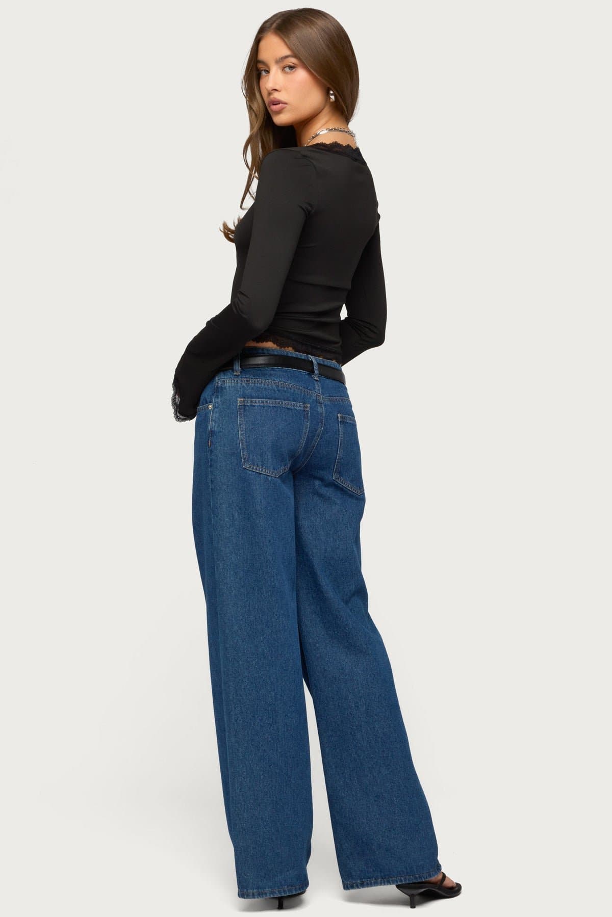 Kailin Lacey Flared Sleeve Top - Square Neckline Lace Trim Polyester Spandex