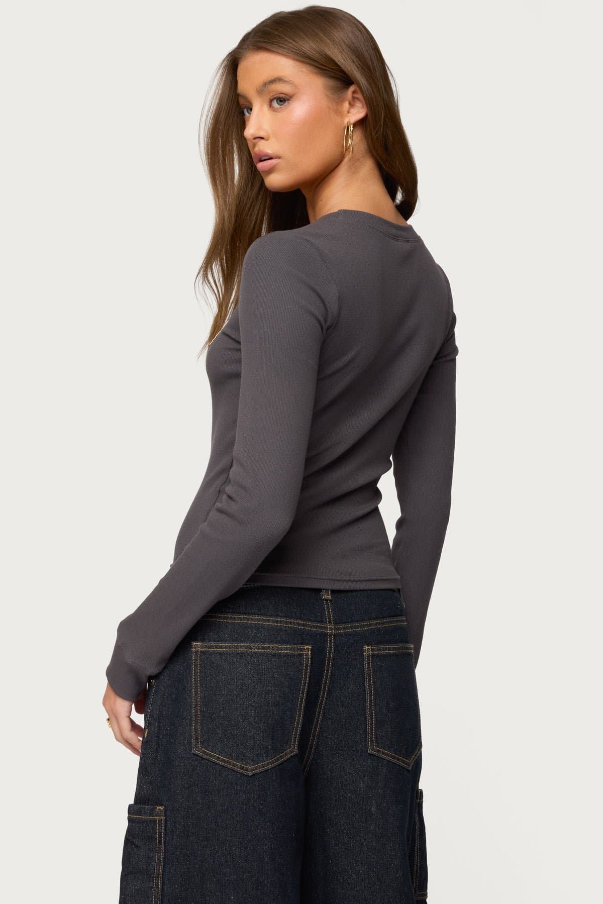 Edikted Essential Ribbed Long Sleeve T-Shirt with Graphic Text Patch