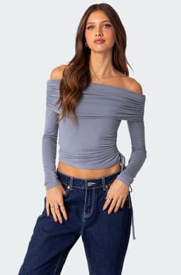 Gathered Fold Over Drawstring Top - Polyester Spandex Adjustable Side Black