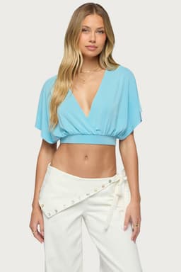 Candela V-Neck Crop Top - Cropped Fit Wrap Look Cinched Underbust Rayon Polyester