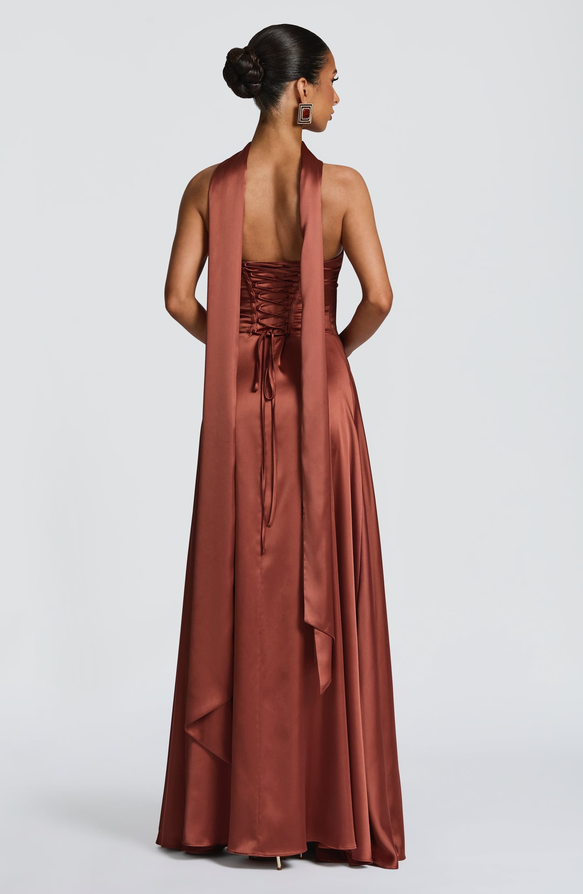 Morven Maxi Dress - Rust Satin Strapless A-Line Lace-Up Back