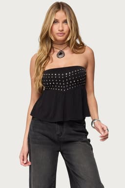 Alease Stud & Grommet Strapless Top in Polyester Rayon Blend