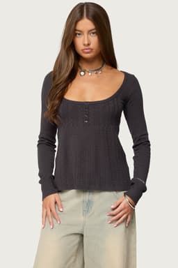 Jaylah Cable Knit Babydoll Top - Long Sleeve Scoop Neck Button Detail Small Medium Large