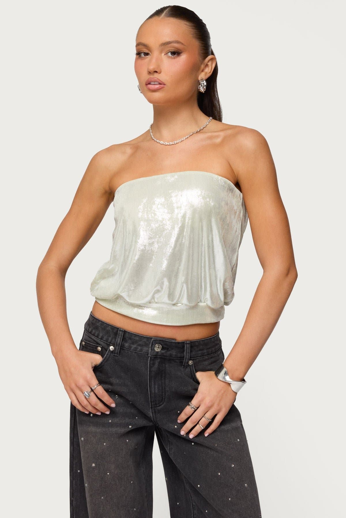 Leira Silky Sparkly Strapless Top with Cinched Waistband Polyester Spandex