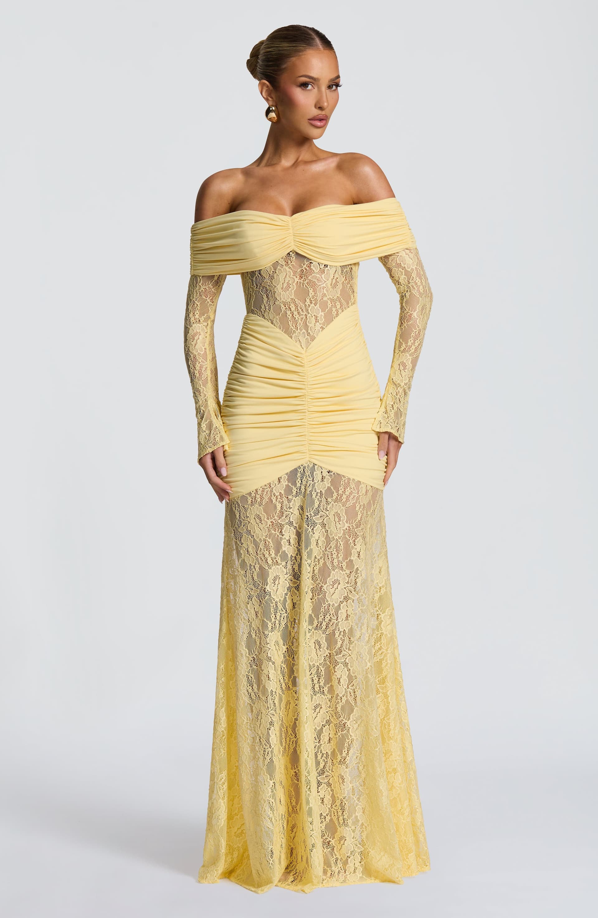 Sauline Maxi Dress in Lemon - Stretch Jersey Floral Lace Long Sleeve