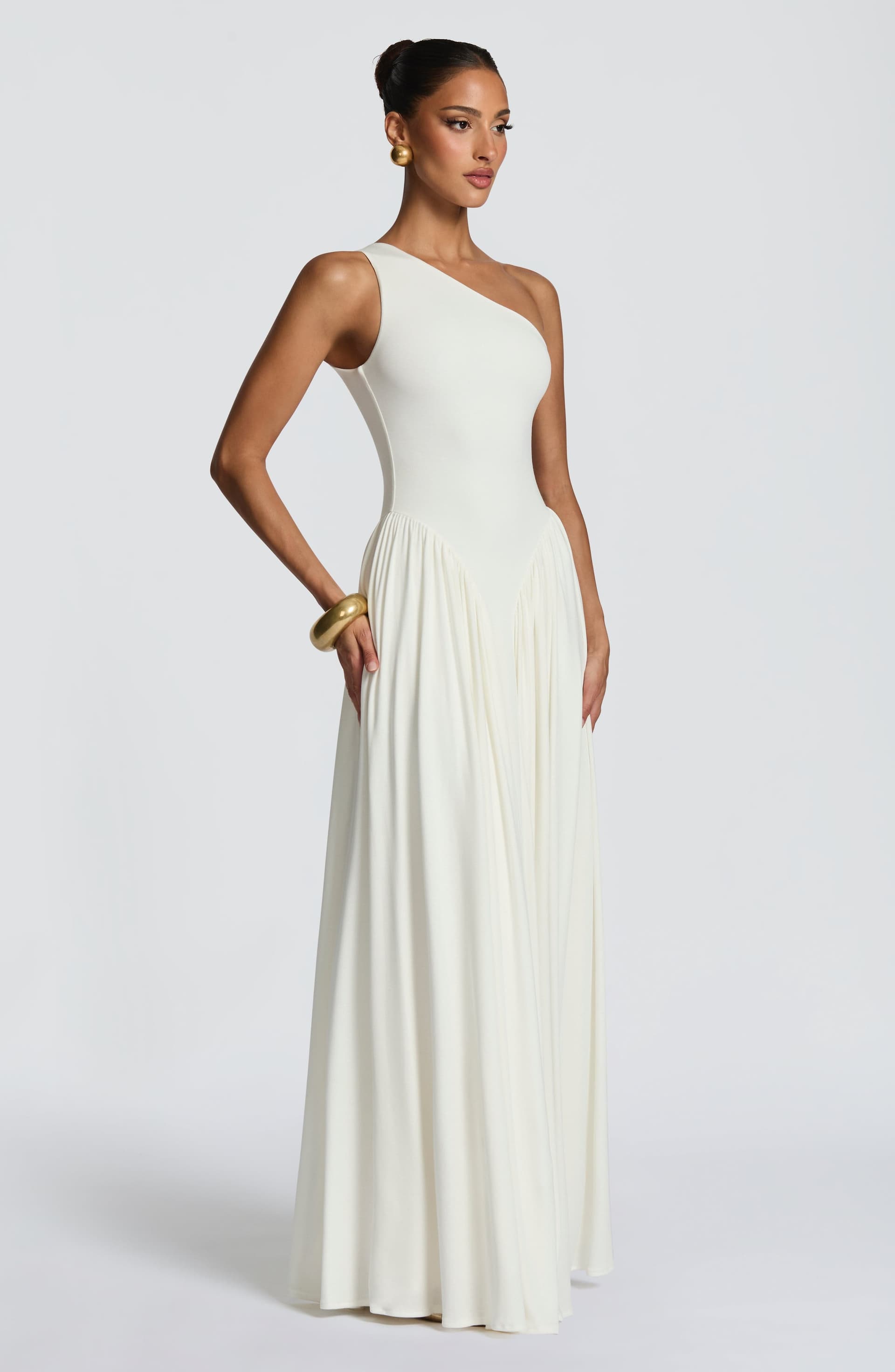 Vespera Maxi Dress in Ivory - One Shoulder Modal Jersey with Godet Panels