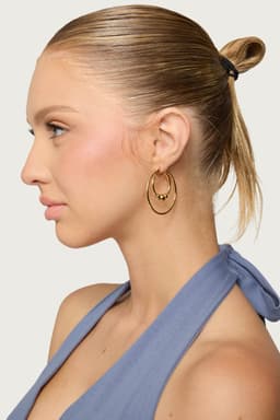Double Hoop Earrings with Bead Detailing Gold Tone Metal 1.6 Inch Diameter