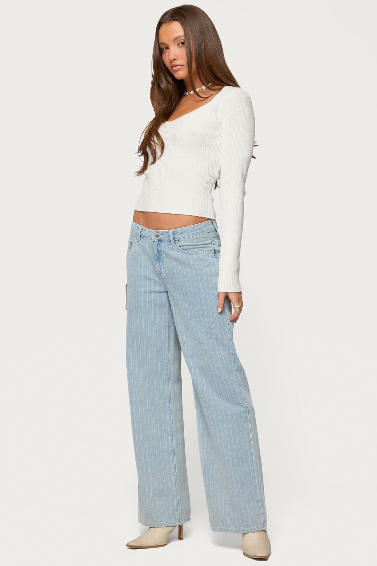 Pinstripe Low Rise Baggy Jeans - 100% Cotton Rigid Denim