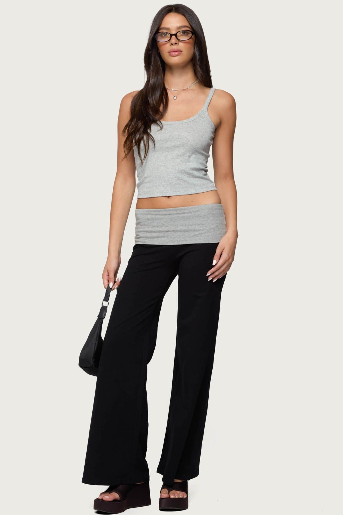 Wide Leg Contrast Foldover Waistband Pants - Cotton Spandex
