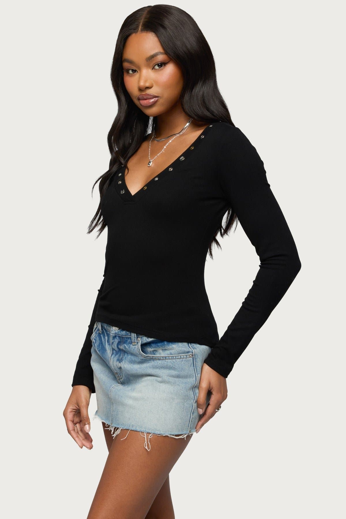 Rossie Long Sleeve V-Neck Top with Metallic Stud Grommet Button Trim Nylon Spandex