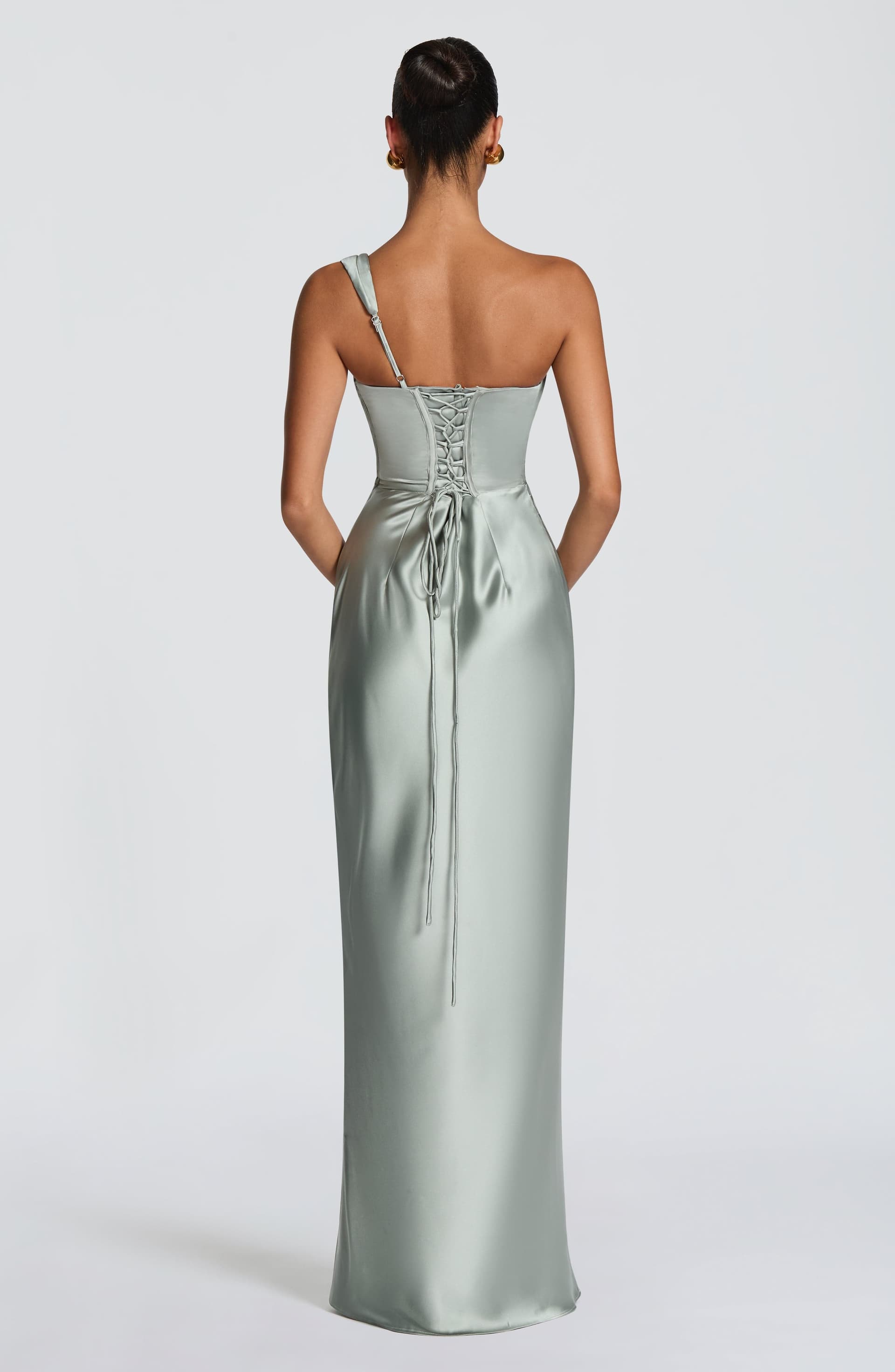 Thalassa Maxi Dress - Sage Green Satin One-Shoulder Pleated Bodice