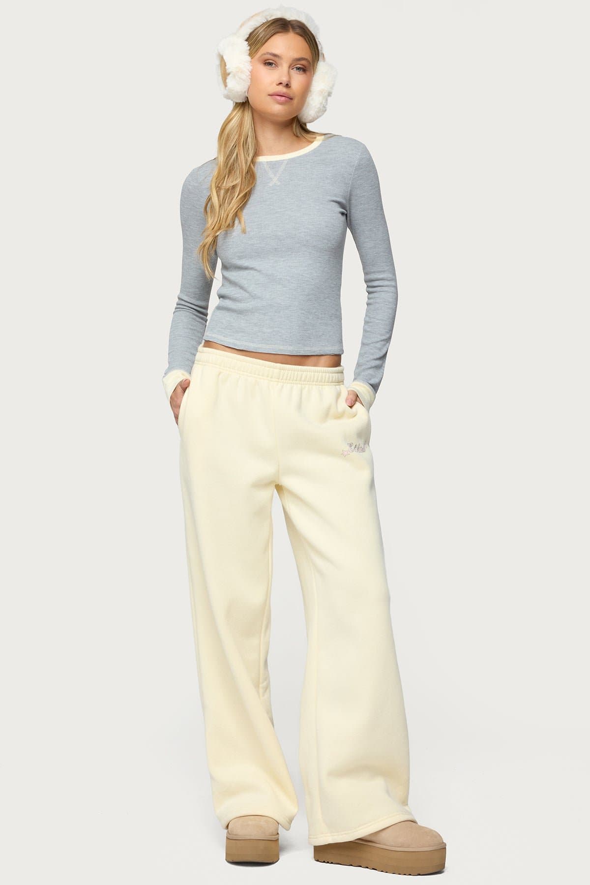 Rora Contrast Long Sleeve Waffle Top - Cotton Polyester Spandex Blend