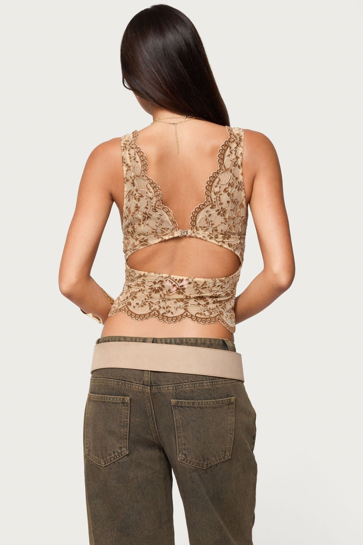Araura Lace Velvet Floral Top - Plunging Neckline, Back Cutout, Scalloped Trim